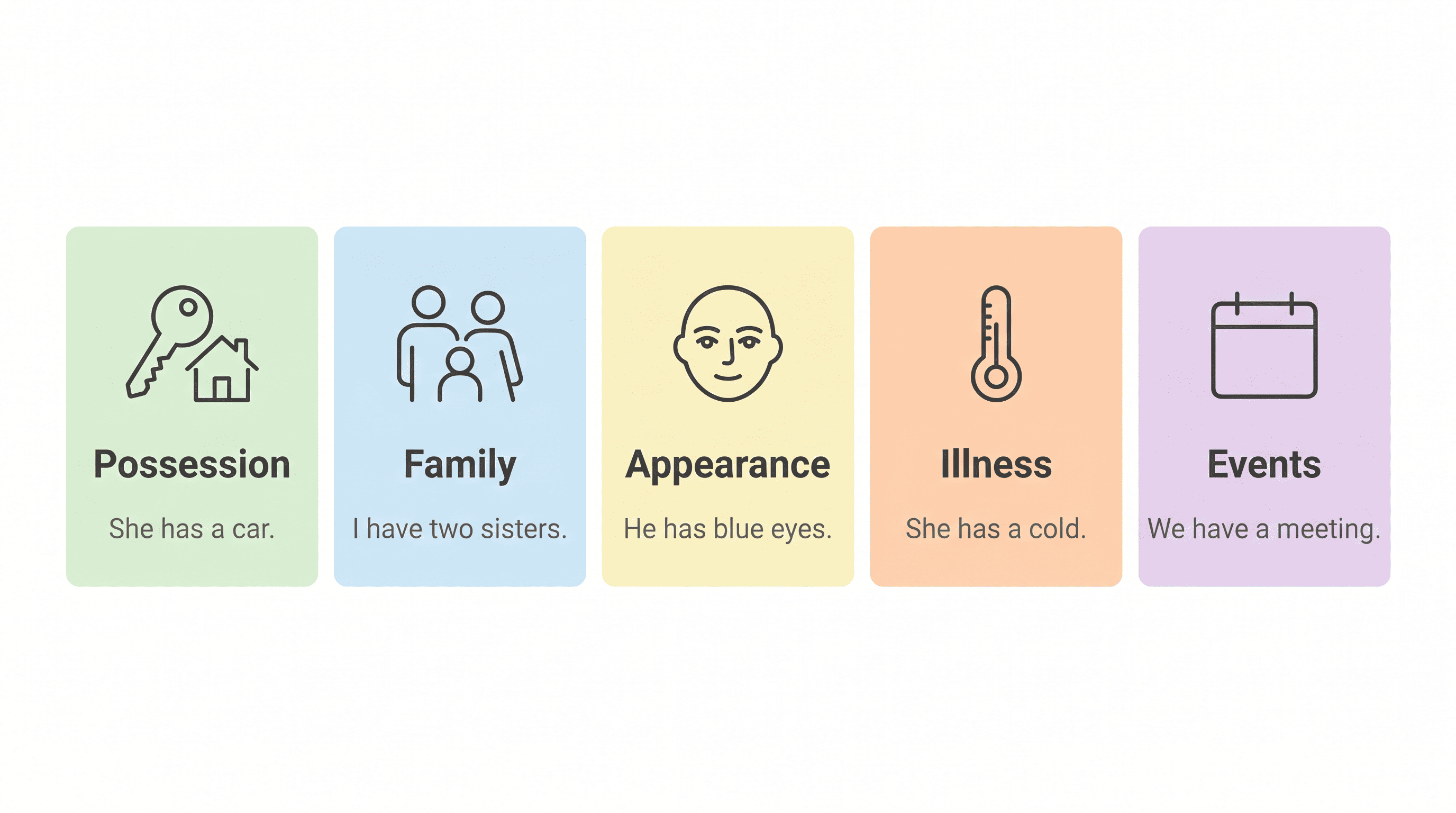 Infographic showing five uses of have and has in English: possession, family, appearance, illness, and events, each with an example sentence