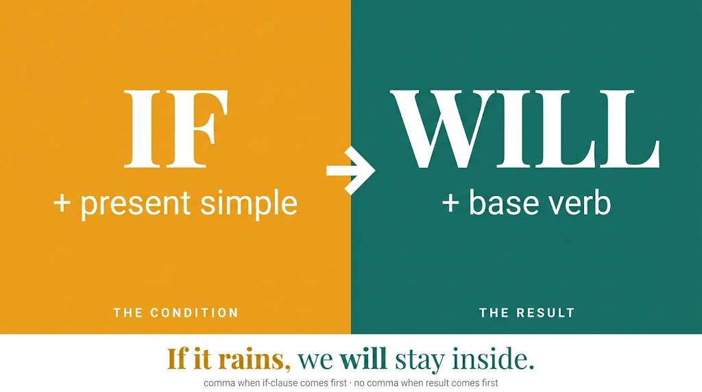 Educational grammar diagram showing the first conditional structure as two colour panels side by side. Left amber panel: large white text reading IF + present simple, labelled THE CONDITION. Right teal panel: large white text reading WILL + base verb, labelled THE RESULT. A white arrow points from left to right at the centre seam. Below both panels, an example sentence reads: If it rains, we will stay inside — with "If it rains" in amber and "we will stay inside" in teal. A footnote reads: comma when if-clause comes first, no comma when result comes first.