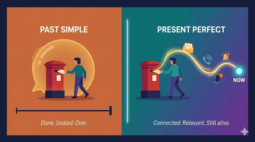 Diagram comparing past simple and present perfect in English: left panel shows a closed timeline labelled "Done. Sealed. Over." — right panel shows a glowing thread connecting a past event to "NOW", labelled "Connected. Relevant. Still alive."