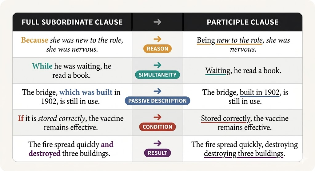 Comparison table showing how full subordinate clauses compress into participle clauses, with five examples labelled by function: Reason (because → being), Simultaneity (while → -ing), Passive Description (which was → past participle), Condition (if → past participle), and Result (and → -ing).