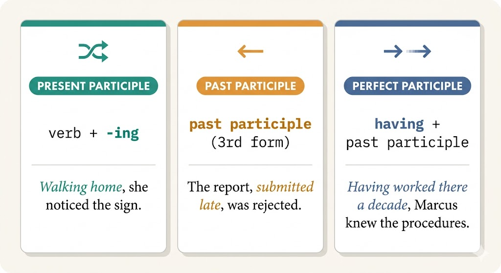 Diagram showing the three types of participle clauses in English: present participle (verb + -ing), past participle (3rd form), and perfect participle (having + past participle), each with a colour-coded label, construction formula, and example sentence.